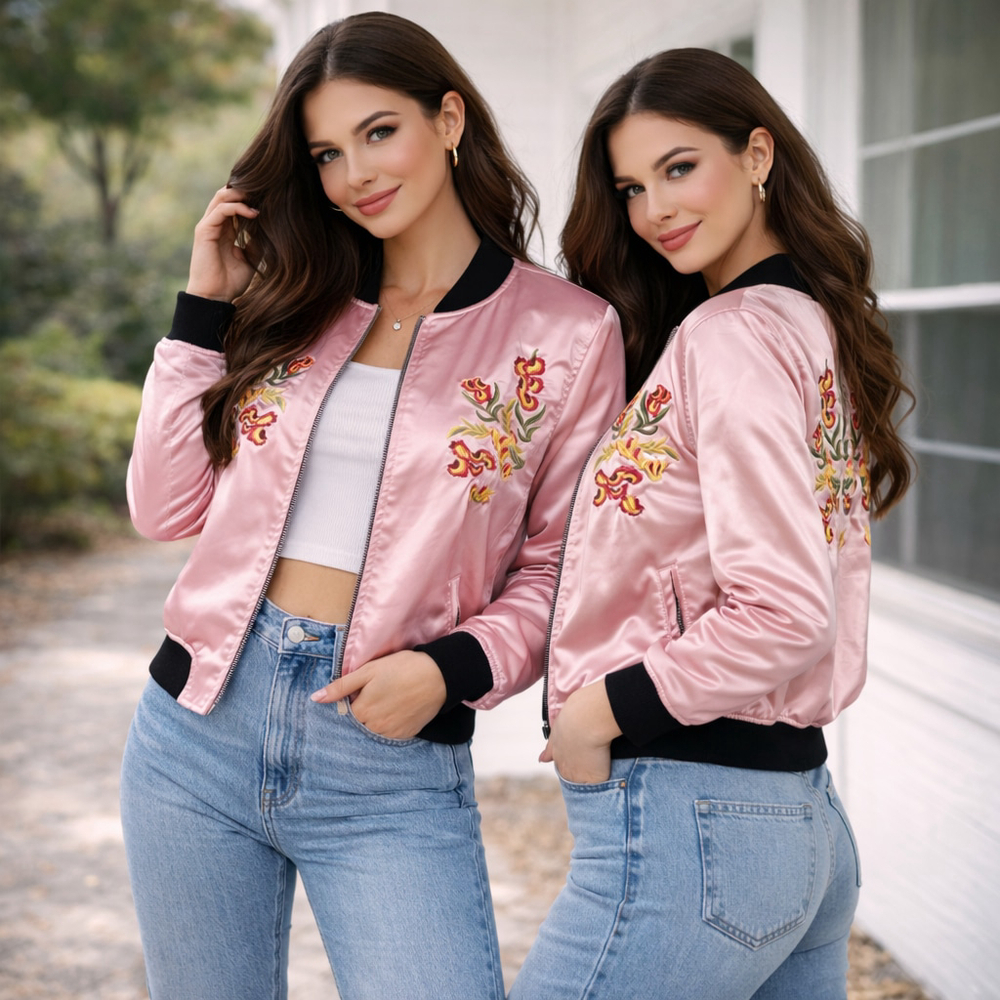 Marci Pink Satin Embroidered Bomber Jacket Women M ZipUp Y2K Streetwear Festival